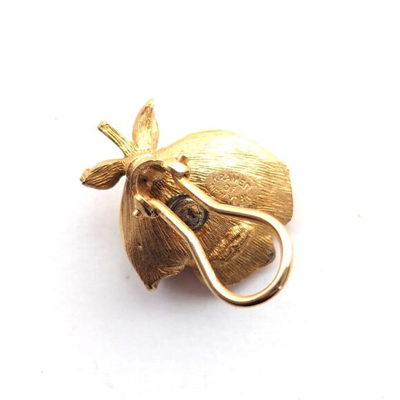 Vintage Kramer Romantic Enameled Rose Pink Rhinestone Gold Tone Clip On Earrings - Picture 3 of 4